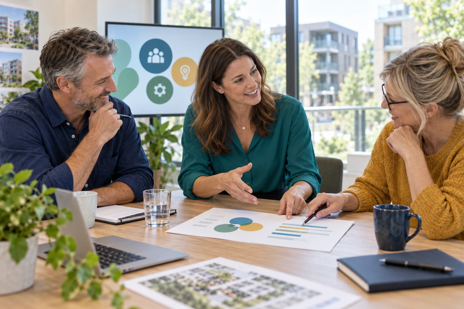 A management team discussing behavioural profiles with a facilitator