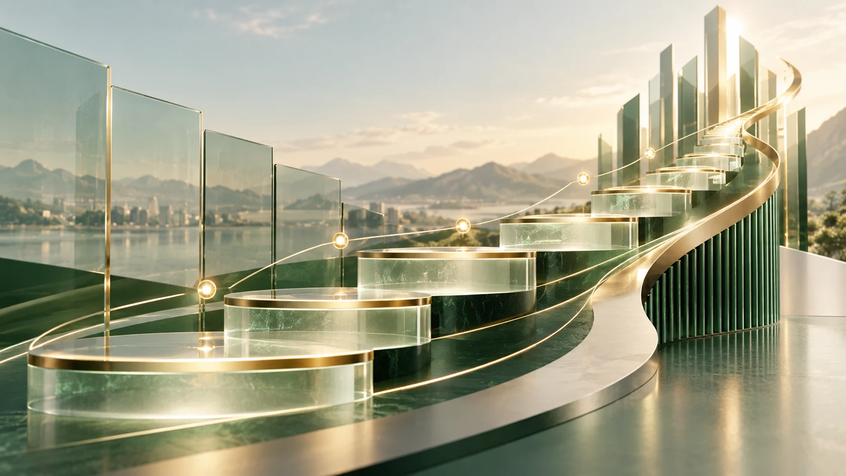 An ascending green and gold staircase representing business growth