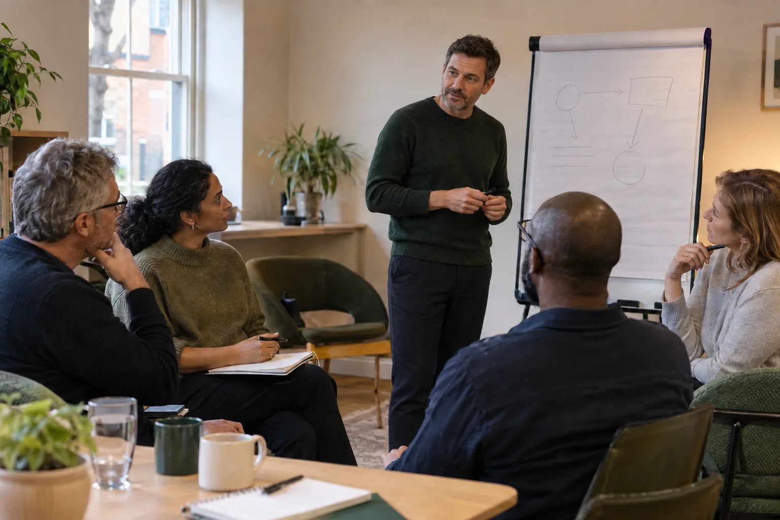 A male facilitator leading a focused management development session